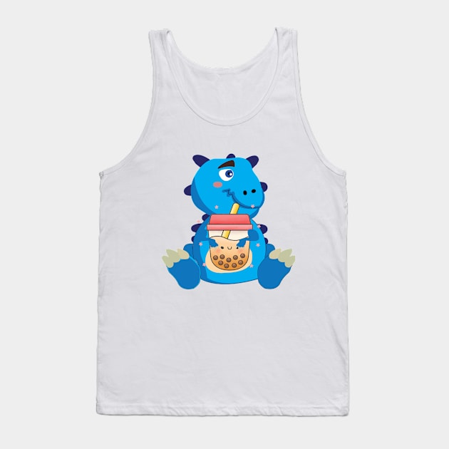 Baby Blue Dino Boba T rex Dinosaur  drinking Bubble tea Tank Top by Bubbly Tea